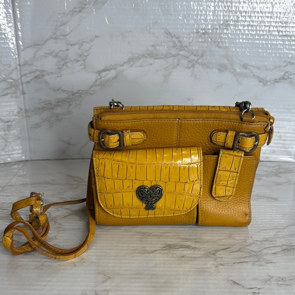 Brighton Mustard Yellow Croc-Accent Crossbody with Heart Lock
